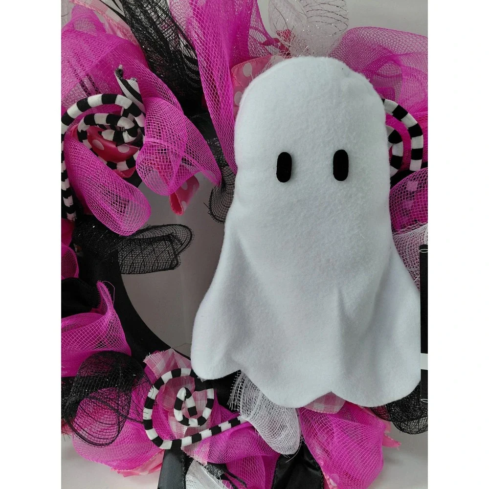 NWT Pink Black White Mesh Ribbon Ghost Halloween‎ Wreath 24